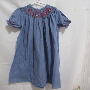 Smock Shop Smocked Dress Kids Size 4 Blue embroiered Chambray Old Mcdonald eieio
